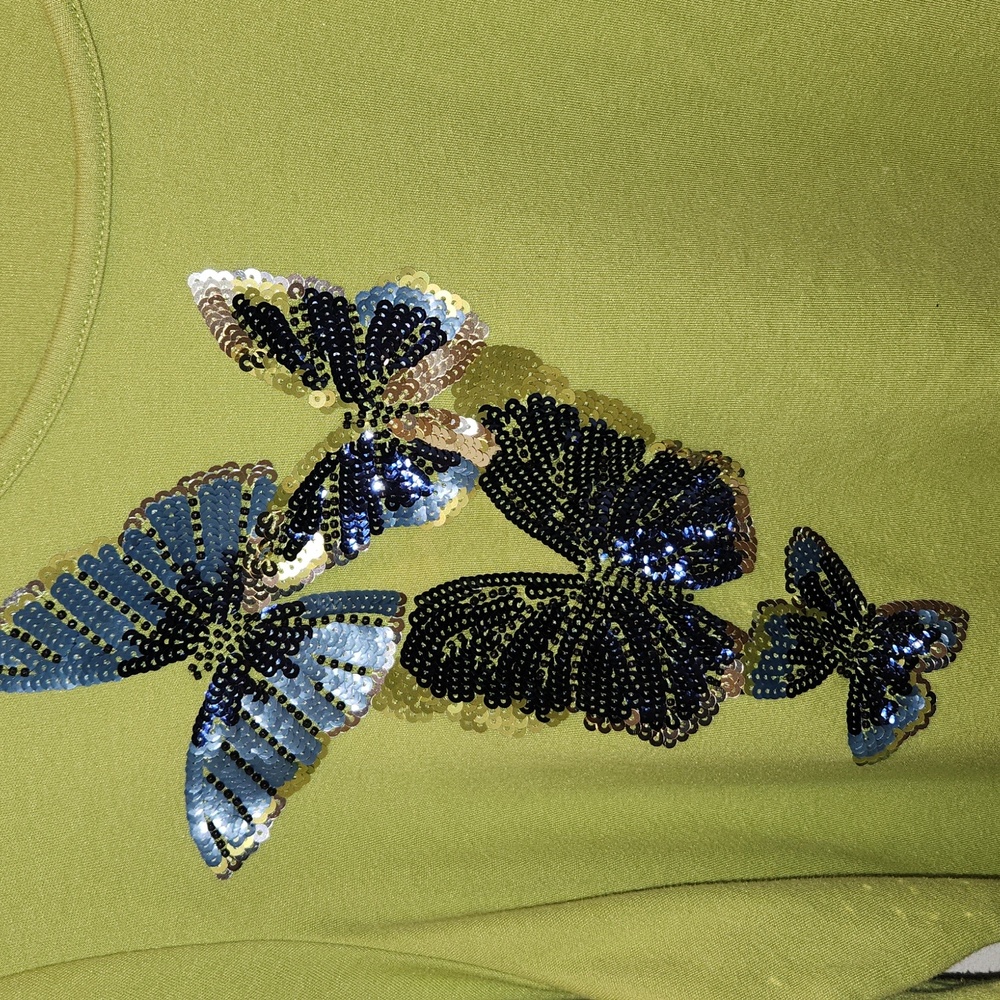 Chartreuse Lime Sequin Butterfly Top - Quacker Factory Jeanne Bice Size XL Y2k - Picture 2 of 5